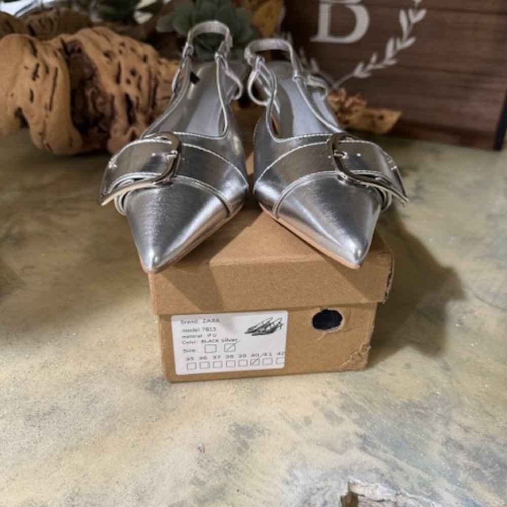 Zara Womens Kitten SlingBack Heels Pumps Silver Metallic US 9 EU 40 NWT